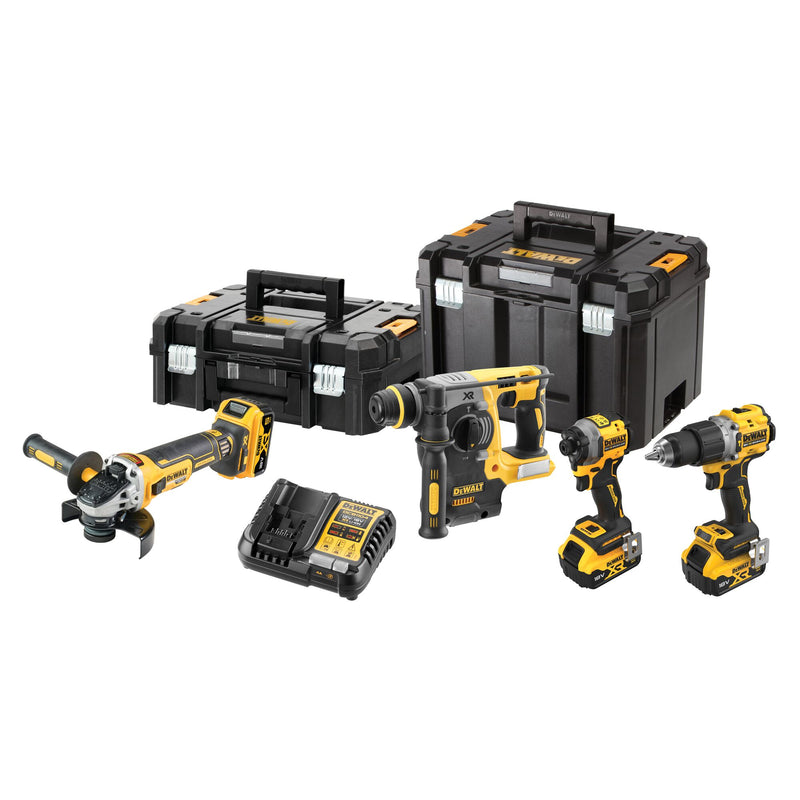 DeWalt XR 18V Profi-Kit - Schlagbohrer + Schlagschrauber + Winkelschleifer + Bohrhammer + 3x 5Ah Li-Ion Akkus + TSTAK Koffer