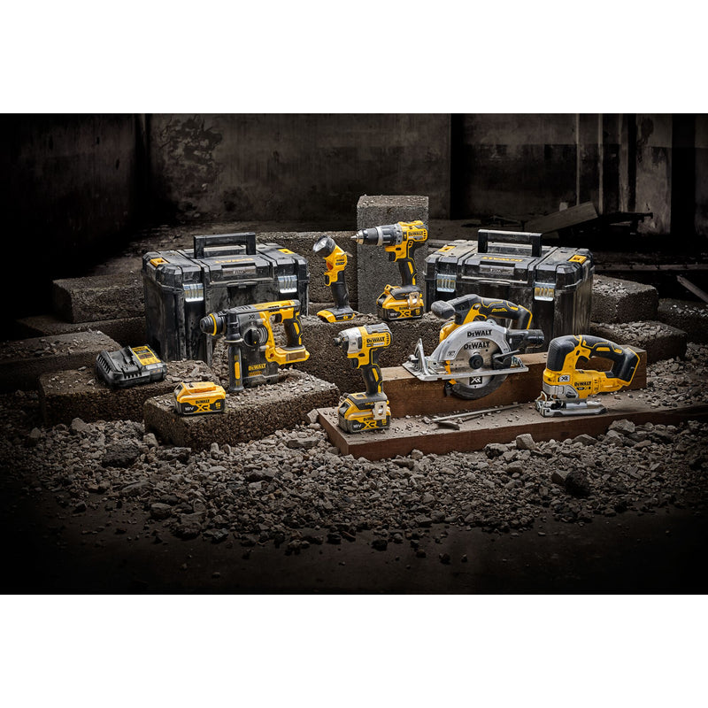 DeWalt XR 18V Mega-Kit  - 6 Werkzeuge *+ Lampe + 3x 5Ah Akkus + 2x TSTAK Koffer